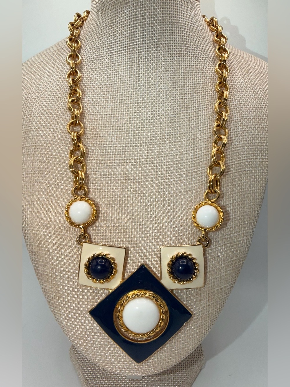 Gold-Tone Navy & White Statement Pendant Necklace